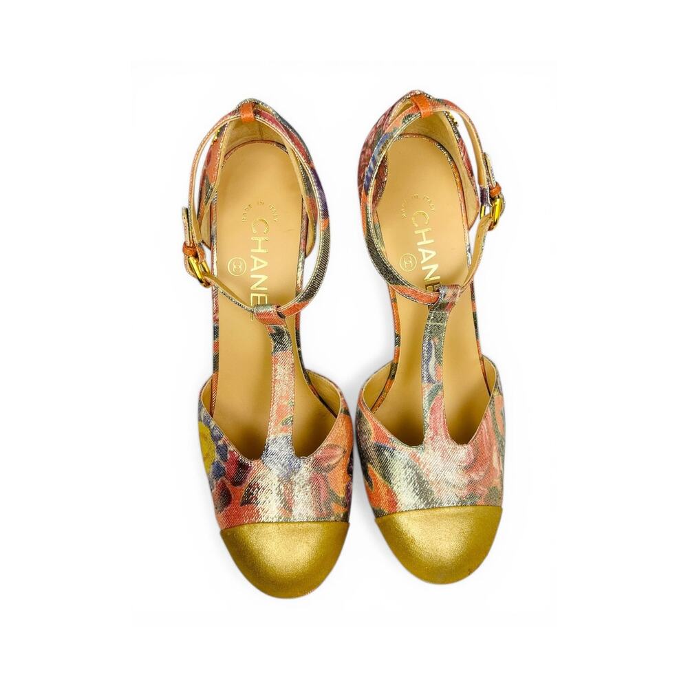 Chanel 2015 Cruise Floral Lamé T Strap Pumps Gold Cap Toe Platform Heels EU 38.5 - Picture 2 of 8